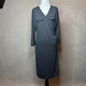 Talbots Faux Wrap Midi Dress Women’s L Charcoal Gray Long Sleeve Stretch